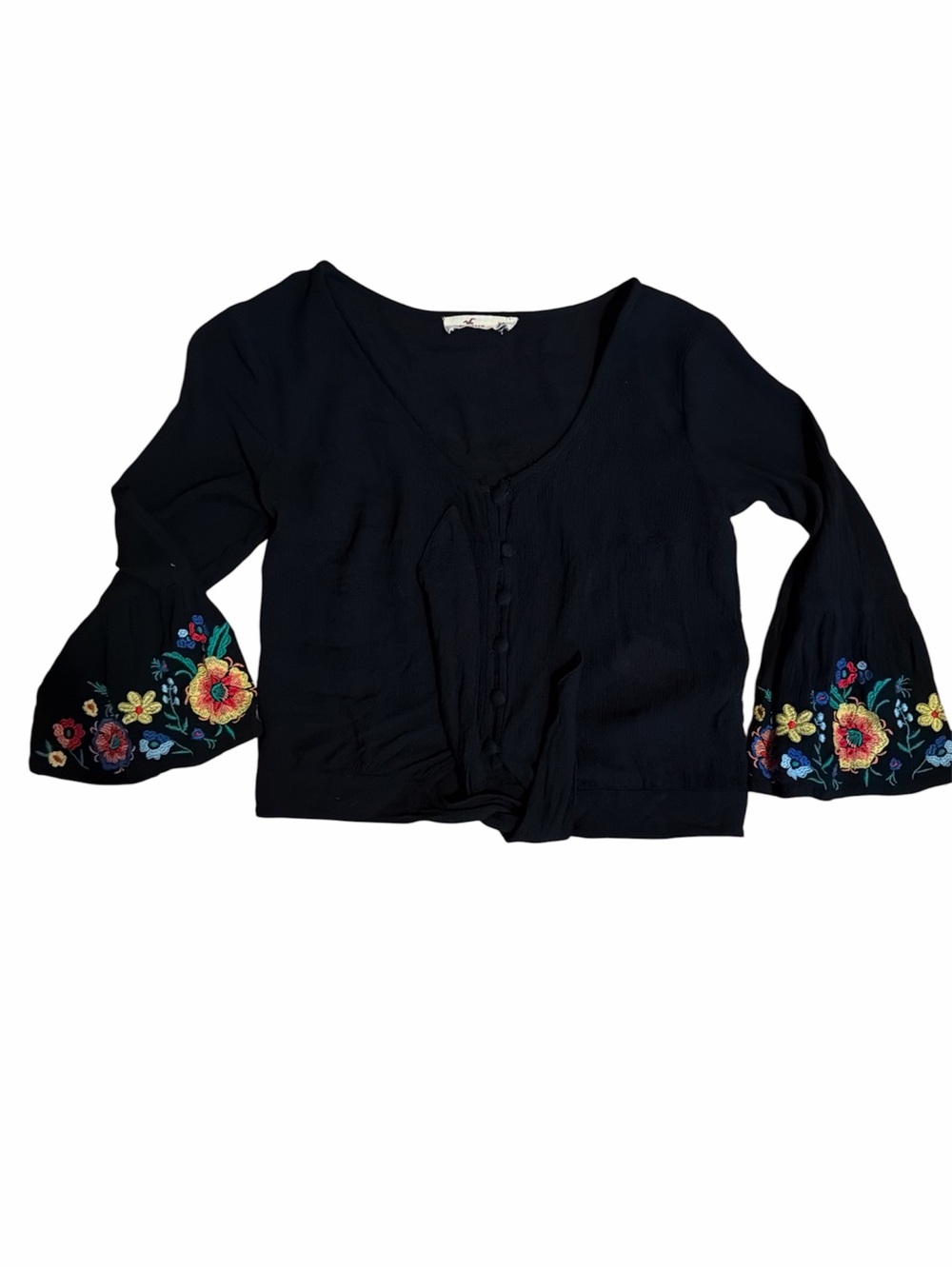 Hollister Black Cropped Button-Front Blouse with Multicolor Floral Embroidery